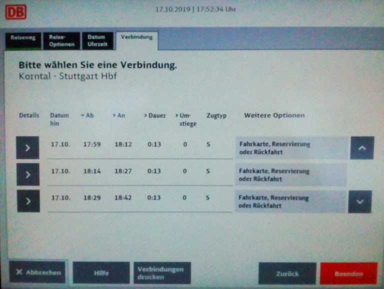 Fahrplanauskunft an den DBFahrkartenautomaten SBahn