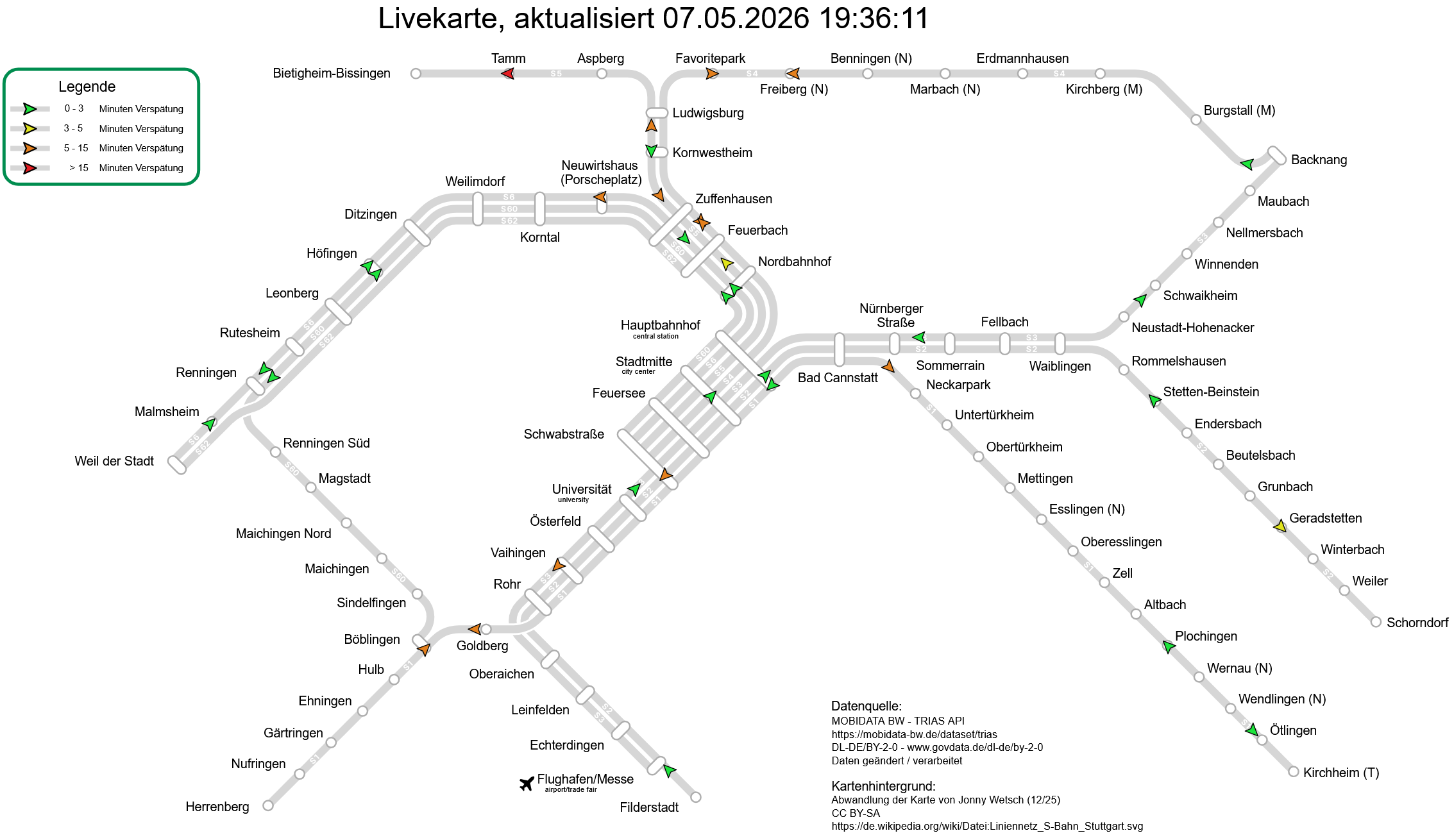 Neue Livekarte der S-Bahn Stuttgart (Screenshot)